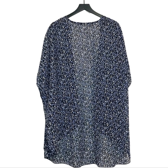 Bohemian Ditsy Floral Blue Kimono Kaftan Open Front Semi Sheer Duster Top - Picture 2 of 8
